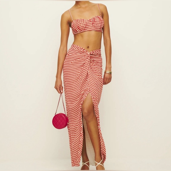 NWT Reformation Alana Tomato red Check two piece skirt set sz 6 - Picture 4 of 13